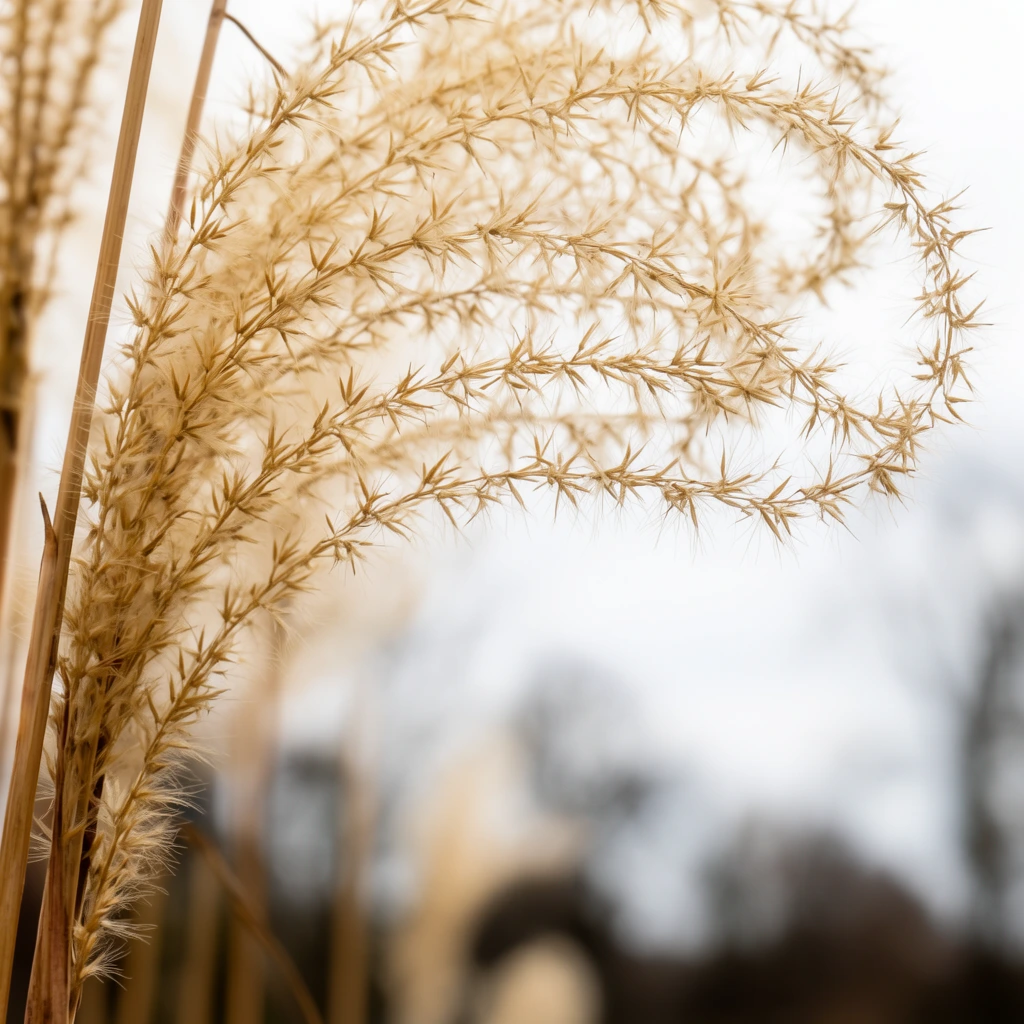 A macro photograph of delicate golden-tan ornamental grass seed heads sweeping gracefully across the upper frame. The intricate panicle features tiny, spiky seeds attached to fine, wiry filaments, creating a fluffy, ethereal texture. Several thicker dried stalks anchor the left foreground. The sharp details of the seeds contrast starkly with a heavily blurred, creamy bokeh background of a pale overcast sky and muted dark tree silhouettes, captured with a shallow depth of field under soft, diffused natural daylight.