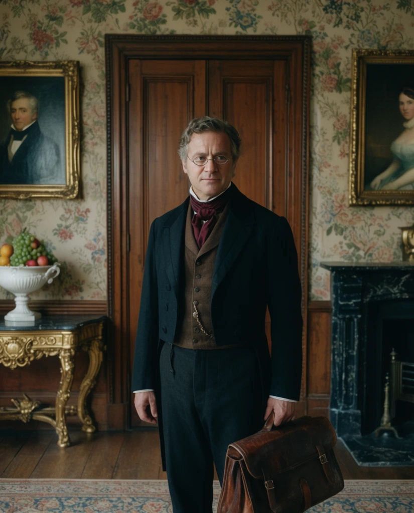 middle-aged man in 19th-century clothing, dark tailcoat, brown waistcoat, maroon cravat, wire glasses, holding a leather satchel, ornate drawing room, vintage floral wallpaper, centered wooden double doors, gold console table with a white fruit bowl and green grapes, gold-framed classic oil portraits, dark marble fireplace, soft cinematic lighting, period drama aesthetic, wide 35mm film shot