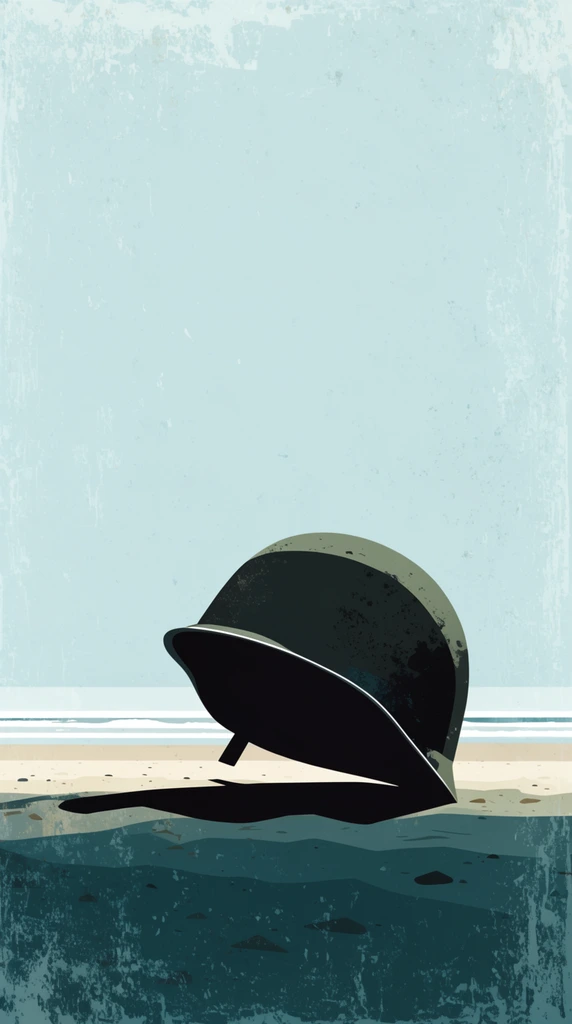 Minimalist illustration of a dark military helmet resting on a stylized beach, tilted orientation with stark drop shadow, distressed grunge texture overlay, expansive pale blue sky, thin white ocean horizon, dark teal foreground, flat vector graphic art, muted cool color palette, stark horizontal composition