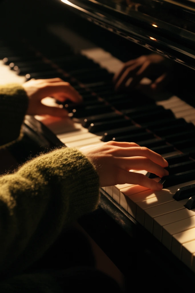 Hands extending from an olive-green knit sweater gracefully play a piano in warm, low-key lighting. The fingers press the white and black keys, their faint reflection visible on the glossy black fallboard. A cinematic shallow depth of field sharply focuses on the right hand. Glowing rim light highlights the sleeve's fuzzy texture, casting deep, dramatic shadows across the dark, diagonal composition.
