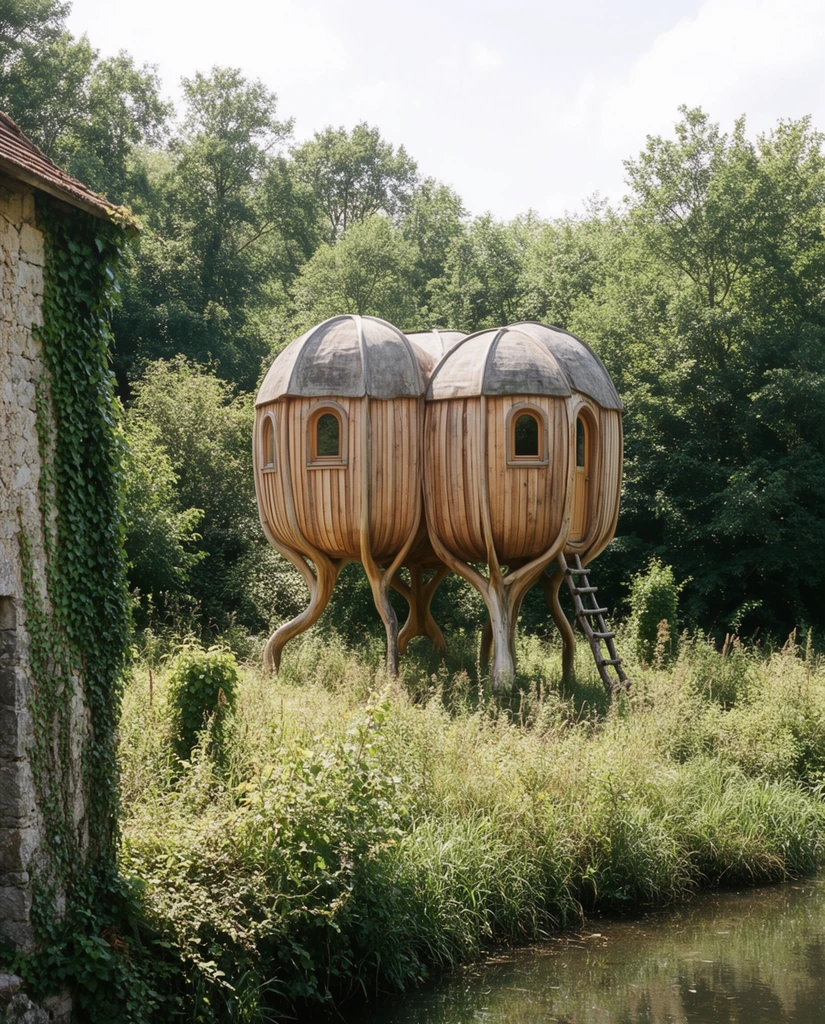 An elevated, pod-like wooden cabin supported by organically curved, root-like stilts stands in a lush, overgrown clearing. The multi-faceted structure features domed roof sections, vertical wooden slat siding, small arched windows, and a rustic ladder descending to the ground. Dense green forest foliage forms a thick backdrop under a bright, hazy daytime sky. On the left edge, a weathered stone building heavily draped in climbing ivy frames the scene. Tall wild grasses and overgrown weeds dominate the foreground, bordering a narrow strip of dark, reflective water at the bottom right. Photographed in a naturalistic landscape style with even daylight that highlights the striking contrast between the surreal, organic wooden architecture and the untamed wilderness.