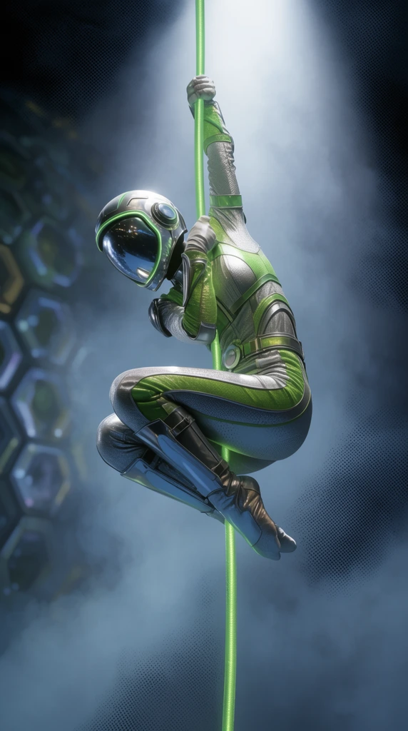 A lithe acrobat in a silver and neon-green armored suit with a mirrored visor helmet hangs suspended mid-air. The tightly curled figure grips a glowing green cable. Dense blue-grey fog and a stark overhead spotlight surround them. Comic-book halftone dot patterns texture the shadows and mist, while blurry hexagonal structures fade into the left background.