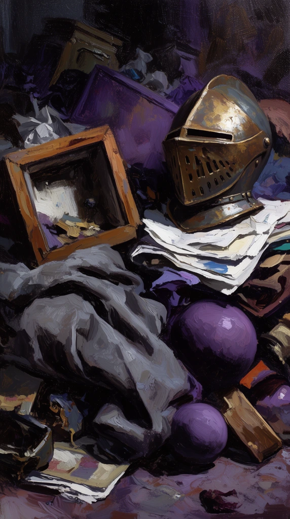 A chaotic heap of discarded objects is rendered in thick expressive oil paint on canvas. A tarnished bronze knight visor rests atop crumpled papers, a hollow wooden shadow box, heavy gray fabric folds, and smooth purple spheres. The dense debris pile fills the frame. The composition features dramatic chiaroscuro lighting, casting deep purple and charcoal shadows that contrast with harsh white highlights. Bold visible brushstrokes and rough canvas texture emphasize the gritty atmosphere.