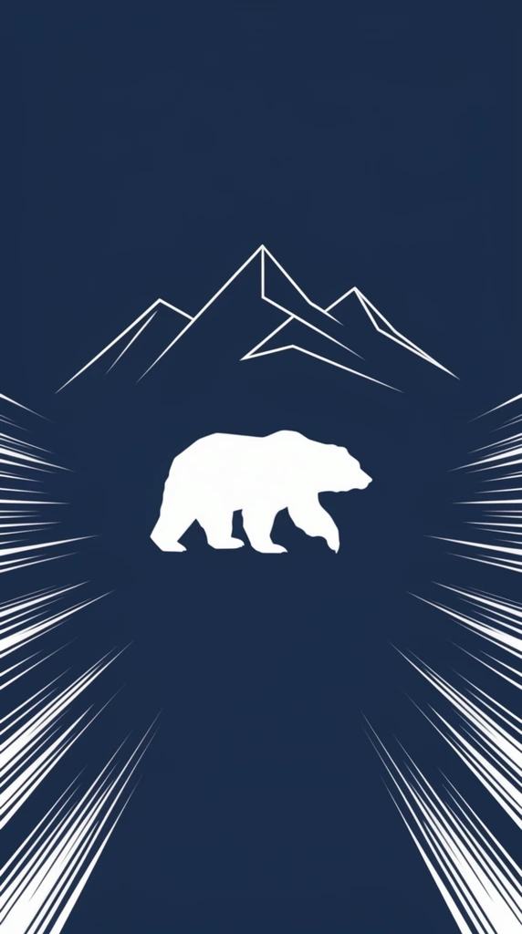 A minimalist two-tone graphic illustration on a deep navy blue background featuring crisp white vector elements. At the upper center, minimalist geometric outlines of jagged mountain peaks are formed by thin, angular white lines. Below the peaks, a solid white silhouette of a bear is depicted in mid-stride, walking towards the right side of the frame. Flanking the lower section of the central area, dynamic white speed lines radiate outward diagonally in tight, clustered bursts, creating a sense of energy and outward movement. The composition is highly symmetrical, relying on stark high contrast between the solid dark background and the stark white, flat, stylized graphic shapes.