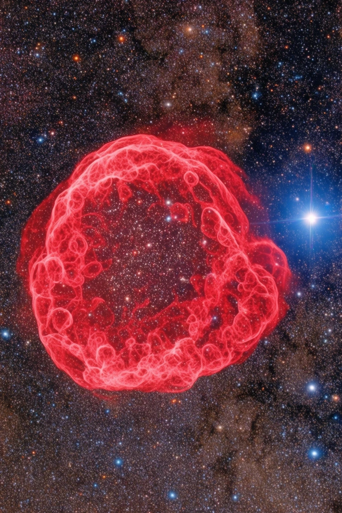 A sprawling, vibrant crimson nebula dominates the center-left of the image, its structure composed of intricate, interwoven filaments and cellular-like loops of glowing gas. This celestial cloud exhibits a semi-transparent, three-dimensional quality, revealing a dense field of distant stars shining through its center. To the right of the nebula, a prominent, brilliant blue-white star radiates a distinct cross-shaped lens flare. The background is a vast, dense starfield rendered in deep space, featuring countless pinpricks of light varying in color from cool blues to warm oranges and whites. Subtle patches of darker, obscuring dust clouds are scattered across the background, creating a textured contrast against the brighter regions. The composition captures a wide-field view, emphasizing the sheer scale and luminous complexity of the nebula against the infinite expanse of the surrounding cosmos.