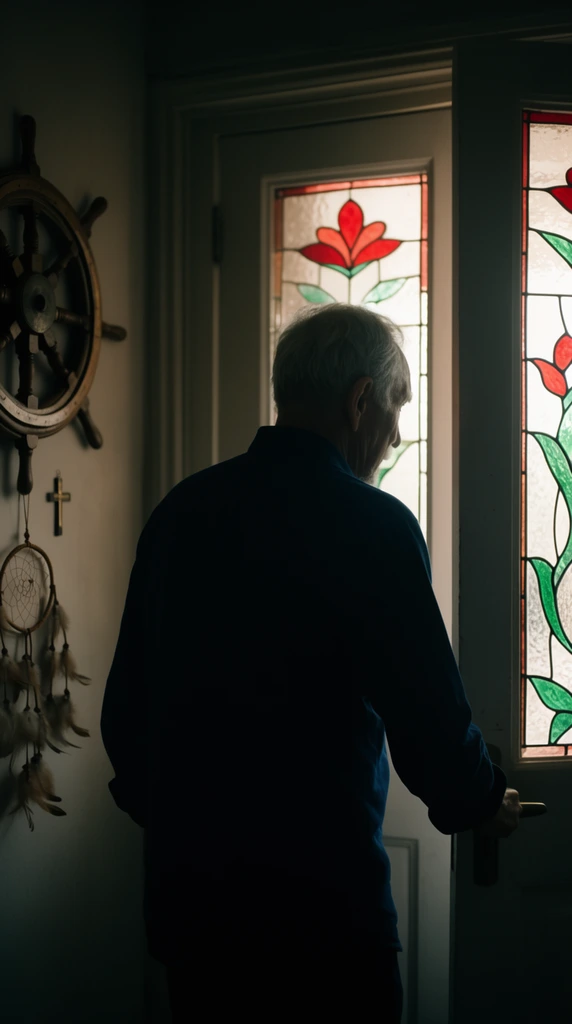 silhouetted elderly man seen from behind opening a white door, short gray hair, dark blue shirt, hand gripping the handle, bright light filtering through stained glass panels with red and green floral motifs, dimly lit interior hallway, deeply shadowed wall displaying a wooden ship wheel, small cross, feathered dreamcatcher, moody atmospheric lighting, strong backlight, shallow depth of field, cinematic photography