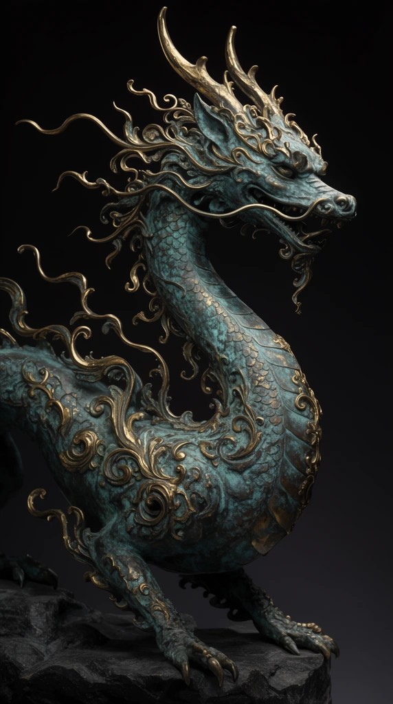 ornate patinated bronze dragon sculpture, swirling gold filigree accents, oxidized teal copper texture, elongated neck, floating brass tendrils, standing on dark stone base, dramatic studio lighting, stark black background, dark fantasy metalwork