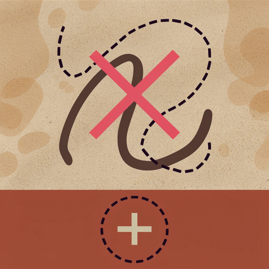flat minimalist layout, sand upper half with subtle tan blobs, central fluid dark brown curving strokes, overlapping pinkish-red cross, looping dark dashed path, solid terracotta lower band, central dark circular dashed outline containing pale beige cross, earthy muted palette