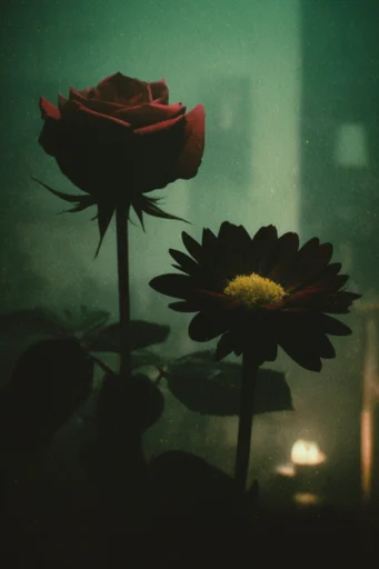Dystopian Gothic Noir style reference image — teal and amber lighting