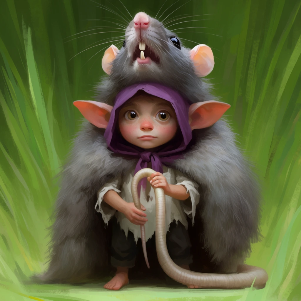 A digital fantasy painting of a small, wide-eyed woodland being with large pointed ears, wearing a purple hood and a massive grey rat pelt cloak. The rat's head, featuring open jaws, teeth, and long whiskers, rests atop the creature's head pointing upward. The figure holds a thick, pale, coiled tail in its hands and stands barefoot in a tattered white shirt and dark pants. The background features loose, painterly strokes of vibrant green resembling tall, out-of-focus blades of grass. Soft, diffused lighting illuminates the subject's face and the densely textured fur.