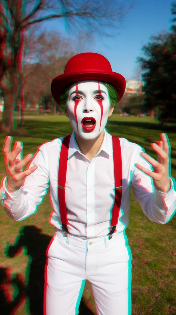 A theatrical performer in a sunny park gestures expressively with hands raised and mouth open. The figure features stark white face paint with dramatic vertical red streaks crossing the eyes, accented by hints of green hair and a bright red bowler hat. They wear a crisp white button-down shirt, white trousers, and red suspenders. The background consists of green grass, cast shadows, bare trees, and a clear blue sky. A heavy stereoscopic anaglyph effect distorts the entire image, producing extreme red and cyan chromatic aberration that creates vibrant color fringing along the silhouettes of the figure and environment.