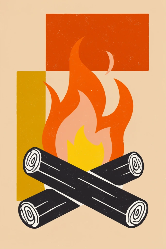A retro-style screen-printed graphic illustration of a stylized campfire set against a flat warm beige background. The central vector-art fire rests on three charcoal-black cylindrical logs arranged in a criss-cross pattern, highlighted by stark white wood grain circles on their ends. Dynamic, layered flat-color flames rise in vibrant orange, light peach, and a bright yellow core. Abstract rectangular color blocks in deep orange and yellow-ochre structure the upper and left sections. The entire composition features a subtle, distressed speckled texture typical of vintage printmaking, utilizing a minimal, high-contrast palette to achieve a nostalgic, bold aesthetic.
