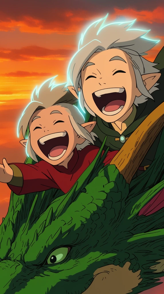 Two elven boys with glowing silver hair laugh hysterically while soaring through a vibrant orange sunset on a colossal emerald dragon. The smaller elf in a crimson tunic reaches out joyously beside his older companion, both sporting wide, exaggerated open mouths. Rendered in a traditional 2D animated style with bold linework and flat colors, the tight framing focuses on their wildly expressive faces against the twilight sky, capturing the exhilarating action of magical flight.