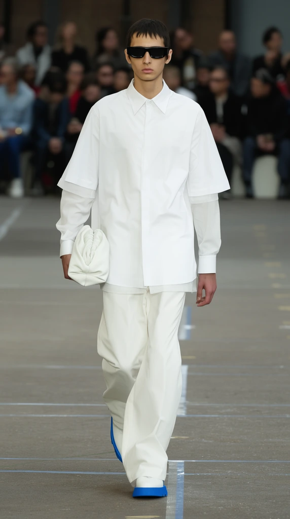 Male model on runway, all-white layered collared shirts, loose trousers, black rectangular sunglasses, soft white clutch bag, white shoes with bright blue soles, grey floor with tape lines, blurred background audience