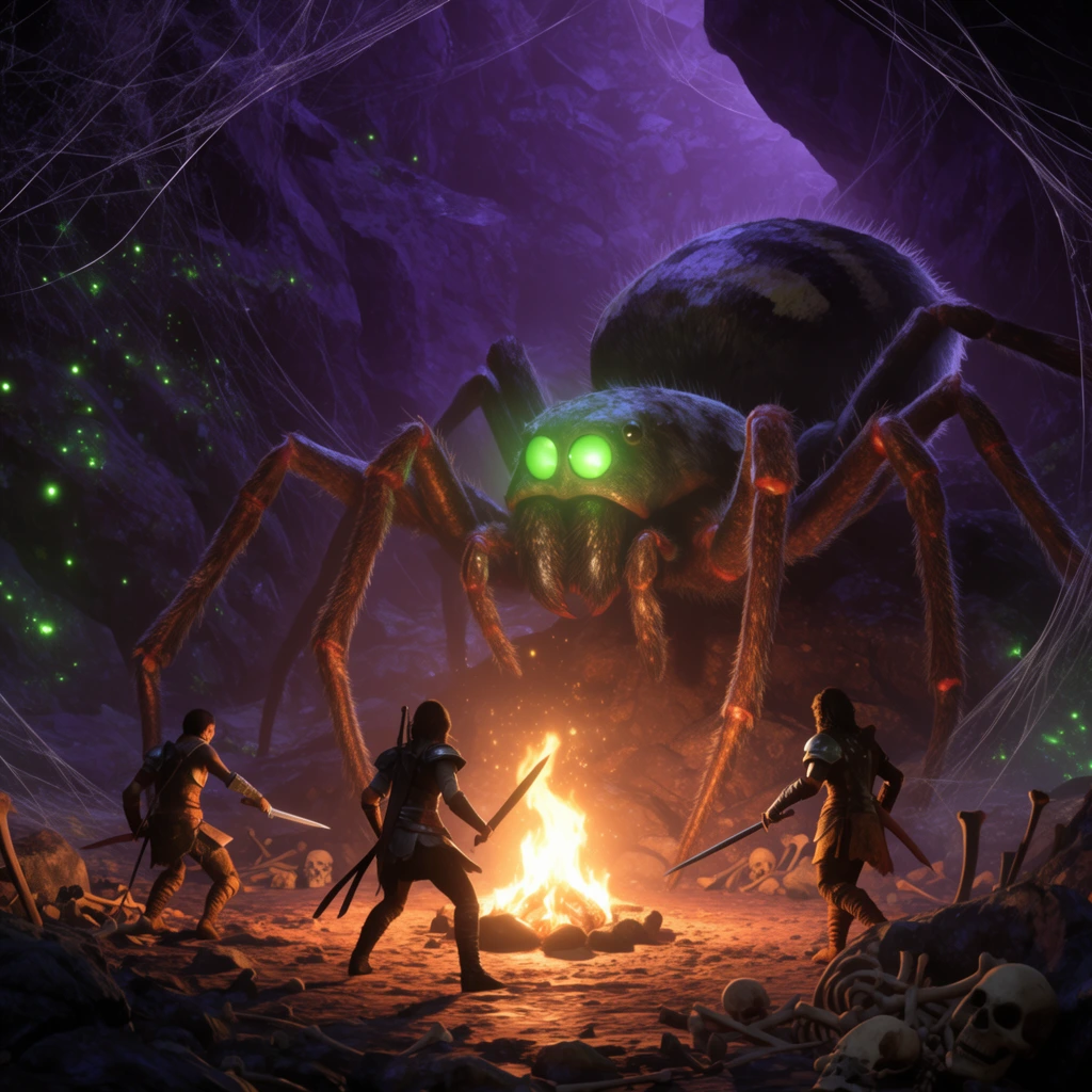 three armed warriors confronting a giant spider with glowing green eyes by a blazing campfire, dark cavern with purple rock walls and green bioluminescent specks, scattered bones, thick webs, cinematic fantasy digital painting, dramatic lighting