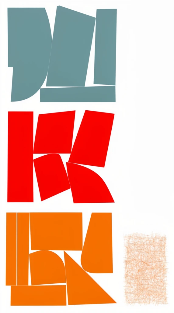 A minimalist abstract composition on a stark white background features three stacked horizontal rows of bold solid-colored geometric shapes. The top row contains muted teal curved and angled blocks. The middle row displays vibrant red intersecting angular forms. The bottom row presents warm orange vertical, diagonal, and horizontal structural elements. To the lower right sits a small dense rectangular cluster of fine delicate orange linear marks. Heavy left-aligned structural blocks contrast with vast negative space on the right, creating an asymmetric modern design with flat unshaded colors.