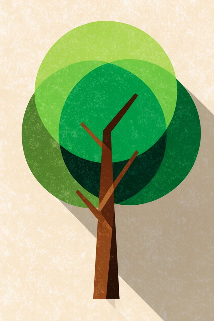 A minimalist tree illustration featuring overlapping geometric green circles for foliage and an angular brown trunk. Set against a textured beige background, the tree casts a prominent hard diagonal shadow to the lower right. The flat design incorporates a retro, distressed screen-print texture throughout.