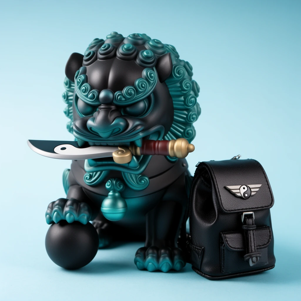 stylized designer vinyl toy guardian lion, matte black and teal finish, gripping yin-yang dagger in jaws, paw on black sphere, adjacent miniature black leather backpack with winged emblem, light blue seamless background, soft studio lighting