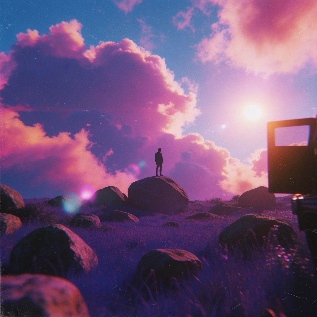 cinematic wide shot, silhouette of a person on a large rock, smaller rocks and grass in foreground, sky with large billowing clouds, saturated purple and indigo color palette, high-contrast against a glowing hazy sun, grainy analog film aesthetic, dreamy lo-fi atmosphere, soft lens blur, rich magenta highlights, composition featuring a dark rectangular frame on the right, textured sky, deep shadowy foreground, analog light leaks, nostalgic film grain, surreal saturated tones.