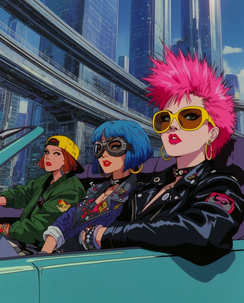 Three punk rock women ride in a turquoise open-top hovercar traversing a futuristic metropolis in a retro 1990s cel-shaded anime style. The prominent rightmost figure sports spiked pink hair, oversized yellow sunglasses, and a black leather jacket. The central passenger features a blue bob cut and aviator goggles, seated beside a third companion in a backward yellow cap and green bomber jacket. Captured from a dynamic low angle, the sharply outlined subjects contrast against towering glass skyscrapers and elevated monorail tracks under a clear daytime sky, emphasizing flat vibrant colors.