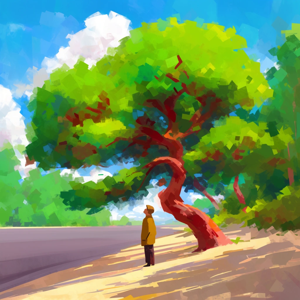 A digital impressionist painting of a small figure in an ochre jacket gazing up into the massive, vibrant green canopy of a twisting reddish-brown tree. Sharp, angled shadows fall across a sunlit sandy path bordering a smooth purplish-grey expanse. The scene is rendered with thick, broad, square brushstrokes, creating a highly saturated, textured landscape under a bright blue sky and fluffy white clouds.