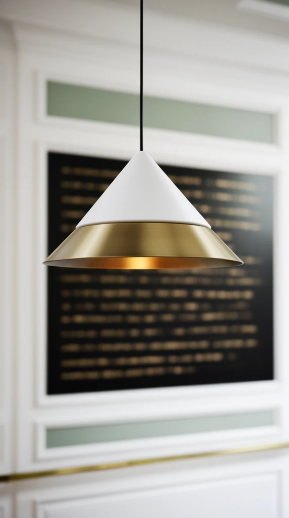 A modern conical pendant light with a matte white and brushed brass finish hangs suspended by a thin black cord. The fixture features a white upper cone joined to a wide, flared brass rim glowing warmly from an internal light source. It dominates the sharp foreground against a deeply blurred, shallow depth of field background. Behind the pendant, a dark rectangular panel on a white wall displays horizontal rows of out-of-focus golden marks. The surrounding architecture includes crisp white molding, pale sage green insets, and a thin brass rail, captured with soft, sophisticated interior lighting.
