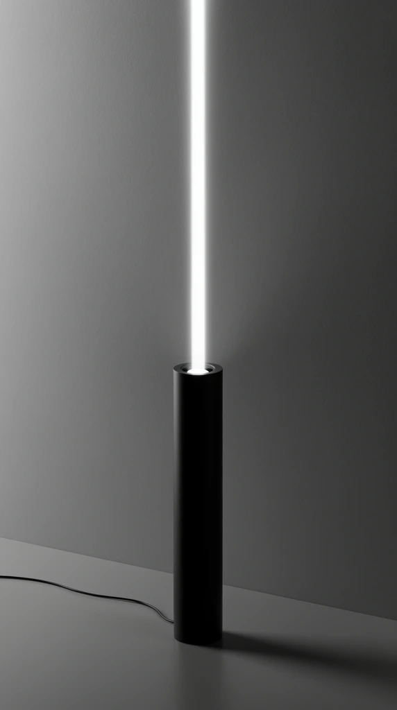 A minimalist black cylindrical floor lamp stands vertically on a smooth gray surface, projecting a perfectly straight, intense beam of white light straight up a matte gray wall. The stark, matte black fixture features a narrow opening at its top edge where the brilliant light originates, cutting through the shadows. A thin black power cord snakes horizontally to the left across the floor. The scene is photographed in a highly controlled, monochromatic style with high contrast, emphasizing sharp geometric forms and a perfectly centered composition. The lighting creates subtle, soft gradients on the surrounding wall and floor, highlighting the intersection where the floor meets the wall.