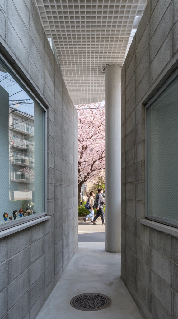 A narrow passageway between modern gray concrete-block buildings funnels the view toward a brightly lit street. Wire-mesh windows flank the corridor; the left reflects multi-story apartments and power lines, with tiny figurines on its sill. A white waffle-grid canopy on a thick cylindrical pillar bridges the structures overhead above a smooth concrete floor with a circular manhole cover. At the vanishing point, two pedestrians walk past a blooming pink cherry blossom tree. The architectural photograph utilizes deep linear perspective to contrast rigid geometric masonry with organic springtime elements under natural daytime lighting.