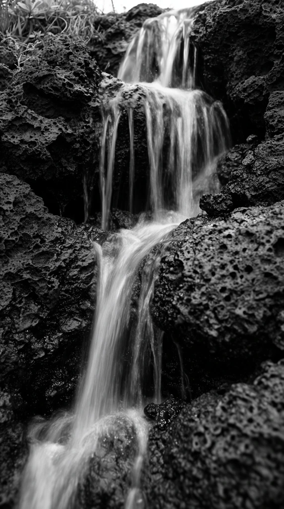 black and white close-up photograph of a waterfall cascading over dark porous volcanic rocks, silky smooth blurred water flowing in multiple thin streams, striking contrast against deeply textured cratered stone surfaces, rough sponge-like rock formations, delicate white highlights catching fluid motion, sparse vegetation at the top left edge, high contrast lighting emphasizing deep shadows and jagged edges, low angle perspective, intimate natural detail