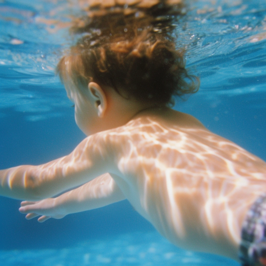 young child swimming underwater in a vivid blue pool, angled from behind, luminous light caustics and dappled sunlight dancing on bare skin, arms extended forward, undulating water surface at the top edge, dreamy underwater photography, soft focus, analog film aesthetic with slight grain, ethereal cinematic lighting
