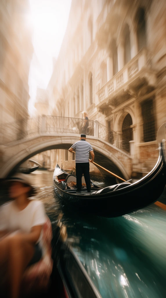 Gondolier in striped shirt rowing black gondola, narrow canal, historic stone buildings, arched footbridge, heavy radial zoom blur effect, blurred passenger in foreground, bright ethereal sunlight, lens flare, dark teal water, warm sepia tones, dynamic atmosphere