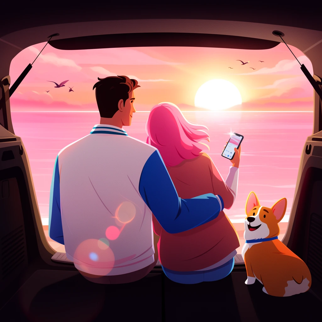 couple and corgi sitting in open car trunk viewing ocean sunset, man in white and blue jacket with arm around woman, woman with pink hair holding smartphone, silhouetted vehicle interior framing the scene, bright sun on horizon, calm pink water, lens flares, flying birds, 2D digital illustration, warm atmospheric lighting