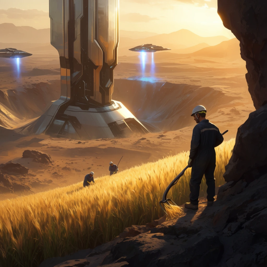 Sci-fi agricultural landscape at golden hour, worker in dark coveralls on a rocky ledge holding a curved harvesting tool, looking over a sloping field of tall golden grass, two figures harvesting in the midground, massive monolithic metallic futuristic installation inside a cratered desert valley, hovering spacecraft emitting downward glowing blue flares, distant hazy mountains under a bright warm sky, dark jagged rocks framing the right foreground, cinematic wide shot, atmospheric digital concept art