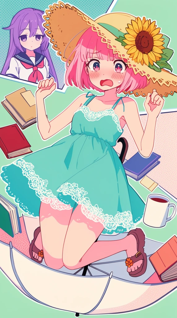 anime girl with short pink bob hair and large sunflower sun hat, flustered expression, wearing a teal sundress with white lace, flying on a floating open umbrella, floating books and a white mug, geometric inset panels showing a purple-haired girl in a sailor uniform, pop-art anime illustration style, flat pastel colors, halftone dot patterns, dynamic collage
