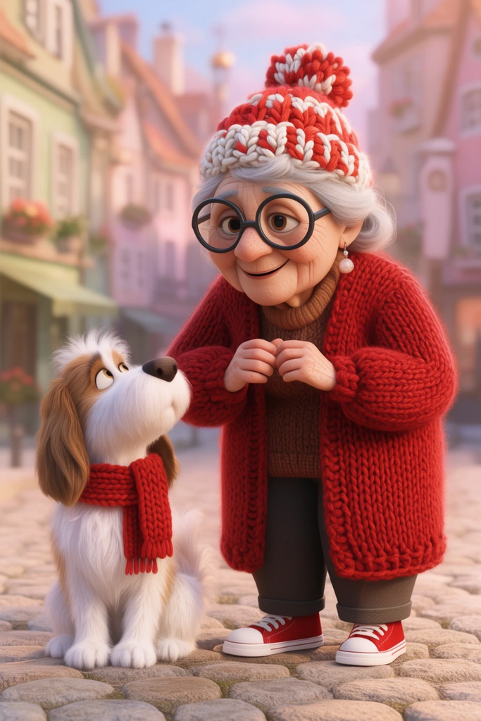 3D animated elderly woman, large round black glasses, chunky red and white knitted beanie with pom-pom, long red knitted cardigan, red sneakers, gentle smile, fluffy white and brown dog looking up, dog wearing a red knitted scarf, cobblestone street, blurred pastel European town background, warm sunlight, highly detailed yarn textures, whimsical 3D render, shallow depth of field, soft cinematic lighting