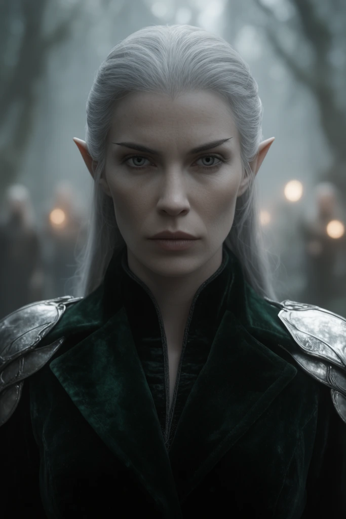 A stern elven woman with sharp features and slicked silver hair stares intensely forward. Center-framed, she wears a dark green velvet coat with silver pauldrons. The heavily blurred background reveals a misty forest with faint glowing silhouettes. Cinematic lighting, shallow depth of field, muted cool tones.