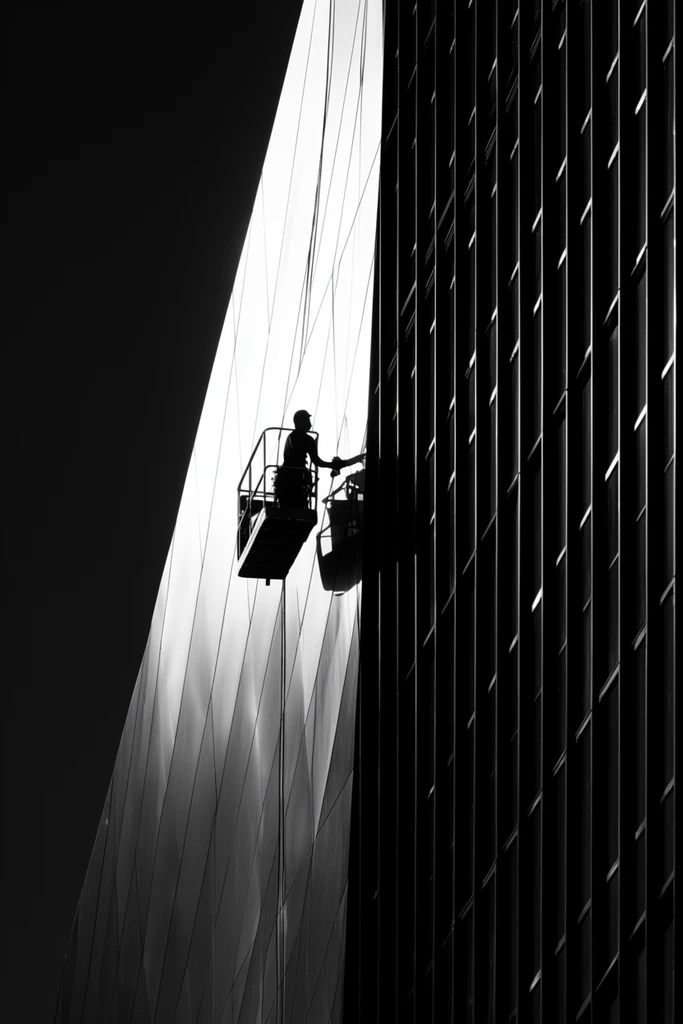 black and white architectural photography, silhouetted window washer in a suspended platform scaling a modern skyscraper, extreme high contrast, stark chiaroscuro, bright angled metallic panels reflecting intense sunlight, deep black repeating vertical window grids dominating the right side, pure dark sky, minimalist geometry, strong vertical lines