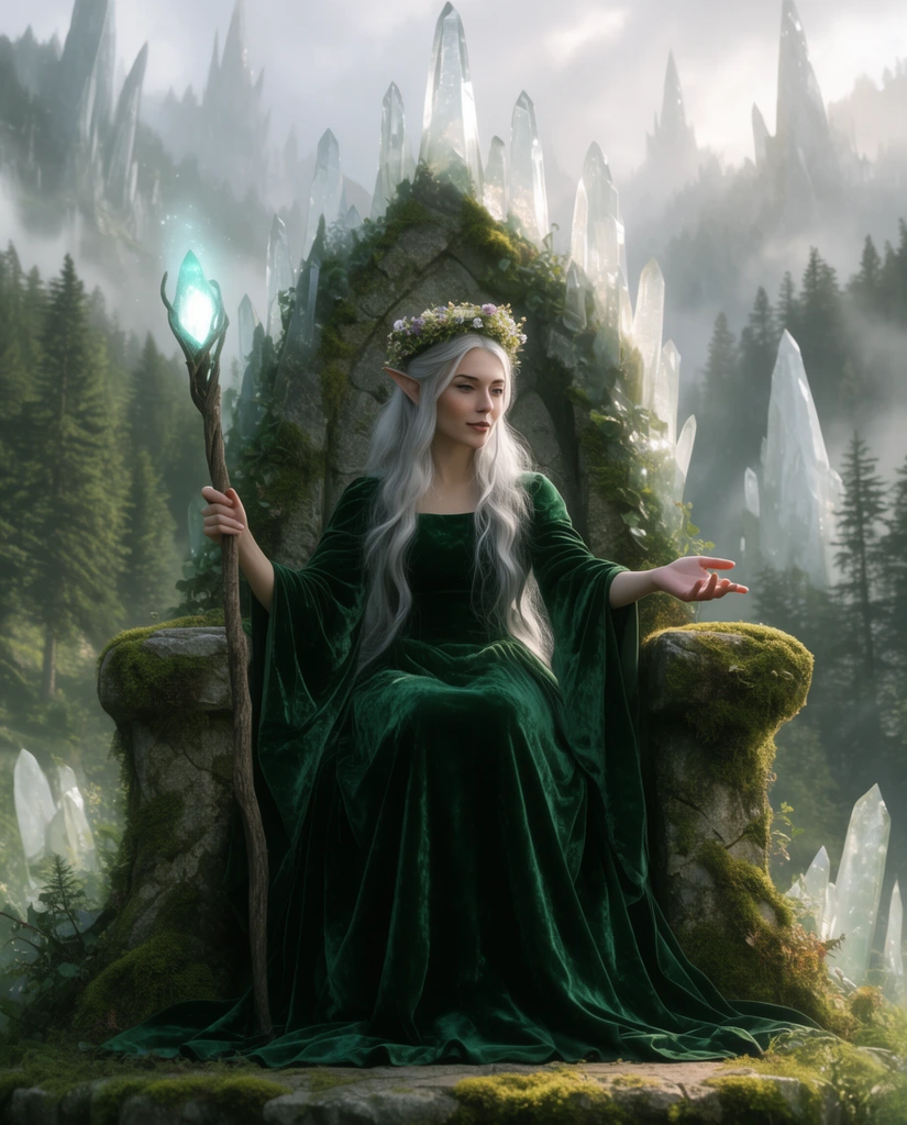 A silver-haired elven woman wearing a voluminous emerald green velvet gown sits on a moss-covered stone throne. She wears a woven flower crown, holds a glowing wooden staff, and extends one hand outwards. The cinematic fantasy environment features a misty alpine forest with towering crystal spires rising among the pines under soft diffused daylight.