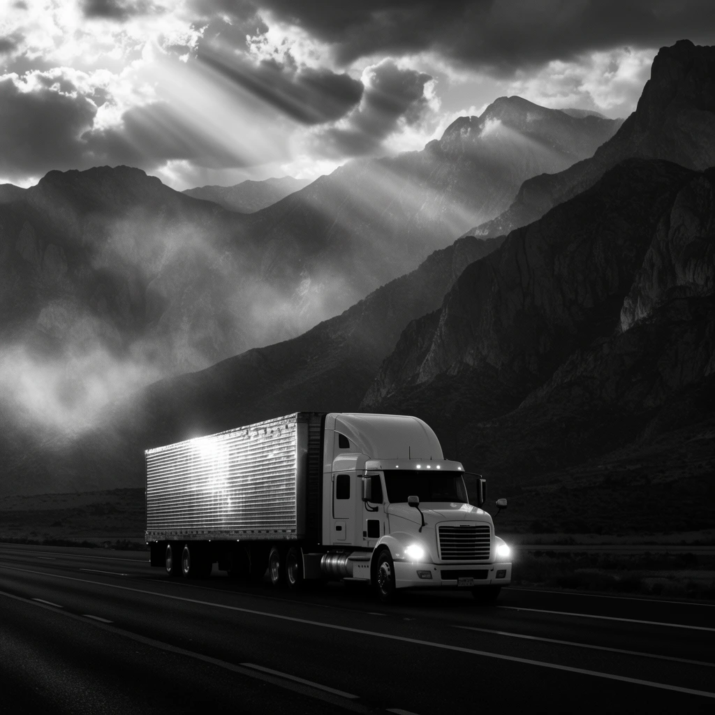 white semi-truck with glowing headlights pulling a corrugated metal trailer on a dark multi-lane highway, massive rugged mountains towering in the background, dramatic sky with crepuscular rays piercing thick clouds, sunlight highlighting atmospheric mist and reflecting off the metallic trailer, high contrast black and white landscape photography, wide cinematic composition