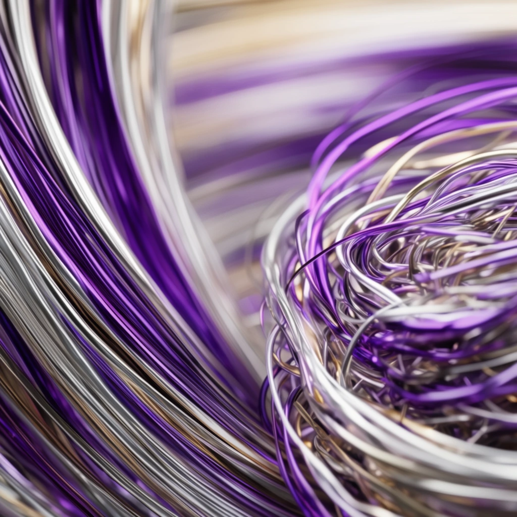 Glossy metallic strands sweep and coil in a flowing abstract arrangement. The highly reflective filaments feature a vibrant palette of deep purple, gleaming silver, white, and pale gold. Thick bundles curve downward in sweeping arcs on the left, contrasting with a tangled, nest-like cluster on the right. An extreme macro perspective with shallow depth of field blurs the background into soft luminous bands, keeping the vibrant foreground textures sharply in focus.