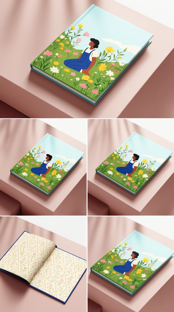 A five-panel collage of minimalist product mockups displaying a hardcover book on matte dusty rose architectural pedestals. The book cover features a flat vector illustration of a dark-haired person in blue overalls kneeling in a vibrant green meadow among yellow, pink, and white flowers beneath a light blue sky. One view reveals interior endpapers with a repeating geometric diamond lattice and delicate floral motifs on a cream background. The contemporary studio setting uses smooth geometric surfaces illuminated by bright, diffuse lighting, with soft dappled foliage shadows cast across the warm blush platforms.