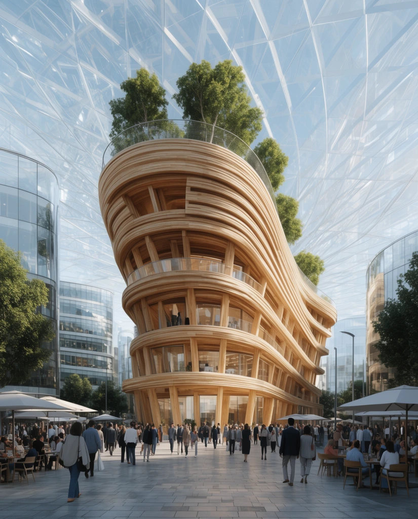 futuristic timber tower inside a transparent glass canopy, terraced rooftop trees, bustling pedestrian plaza, outdoor cafes, modern architecture, photorealistic 3D rendering, bright daylight