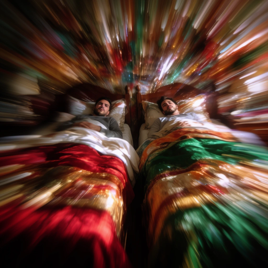 Two men lie in adjacent beds, their forms and the surrounding environment heavily distorted by an extreme radial zoom burst effect radiating from the center of the frame. The men are positioned side-by-side on their respective beds, anchoring the focal point where the subjects remain partially discernible amidst the intense outward motion blur. The beds are dressed in linens featuring vivid, highly saturated tones of deep crimson, emerald green, warm gold, and stark white. These vibrant colors stretch outward into long, rapid streaks of motion blur that consume the entire periphery. High-contrast lighting strikes the central elements, generating shimmering, stretched specular highlights that splinter outward in a kaleidoscopic, radial pattern. The aggressive slow-shutter camera zoom abstracts the bedroom setting into a rushing tunnel of light, color, and streaked texture, pulling all visual focus sharply toward the two men at the center.