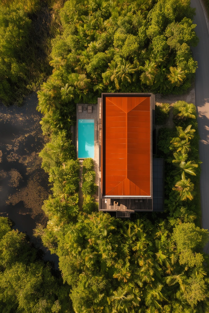 top-down aerial view of a modern rectangular house in a dense tropical jungle, vibrant rust-orange roof, bright turquoise swimming pool, lush canopy of vivid green foliage, textured palm fronds, dark natural swamp water reflecting sunlight, paved road curving along the right edge, golden hour lighting, long shadows, geometric architecture contrasting organic nature