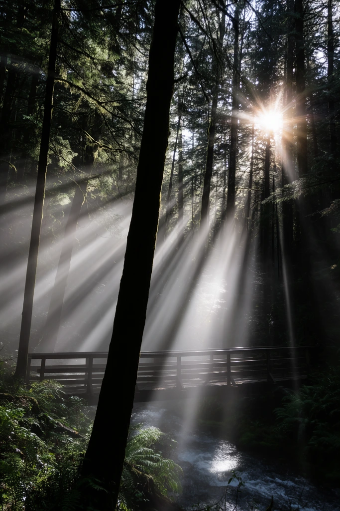 dense atmospheric forest illuminated by brilliant crepuscular rays, prominent silhouetted tree trunk angled slightly left in the immediate foreground, wooden footbridge crossing a rushing stream, lush green ferns and undergrowth, towering coniferous trees, thick mist catching intense sunlight, radiant sunburst in the upper right canopy, sharp volumetric light rays cutting diagonally across the shadowy environment, high contrast nature photography, dramatic chiaroscuro, deep shadows contrasting with glowing white highlights, vertical composition