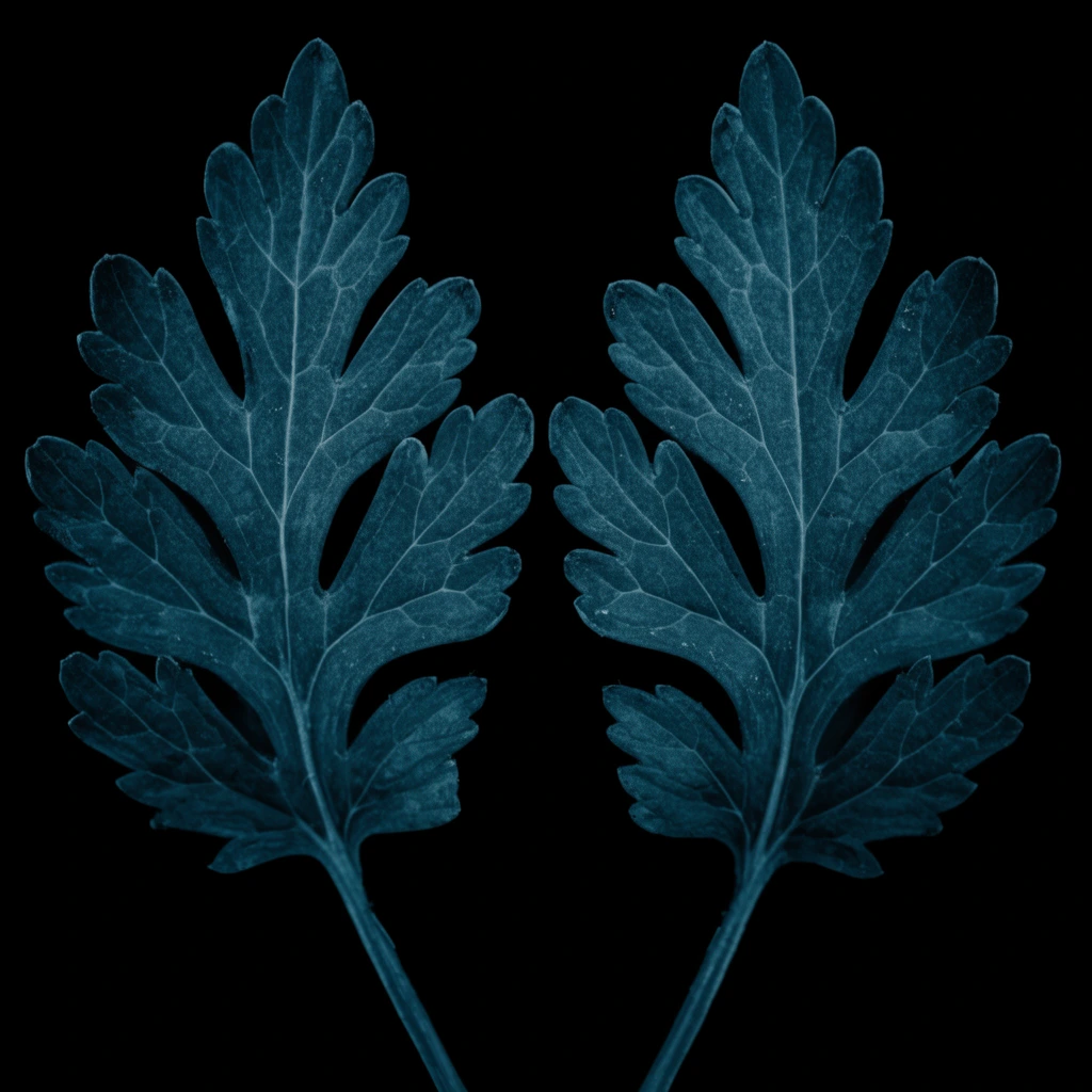 Two deeply lobed leaves are symmetrically mirrored against a pure black background. The striking botanical arrangement is rendered in a dark, monochromatic teal hue. High-contrast macro lighting illuminates intricate branching veins, scalloped edges, and subtle surface textures. This minimalist composition isolates the cool-toned foliage within stark negative space.