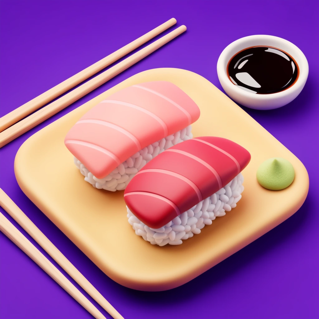 A 3D rendered illustration of two sushi nigiri pieces on a pale yellow, rounded square plate against a solid purple background. The nigiri features textured white rice topped with smooth, stylized fish slices in soft pink and dark reddish-pink hues. Beside them sits a light green wasabi dollop and a tiny white bowl of dark soy sauce with bright reflections. Two pairs of pale wooden chopsticks rest diagonally near the plate edges. The composition uses soft lighting, smooth clay-like textures, a high-contrast color palette, and a high-angle perspective.
