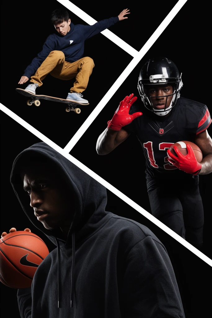 Dynamic sports montage on deep black background, white diagonal geometric frames, mid-air skateboarder, basketball player in dark hoodie, football player with red gloves, high contrast lighting