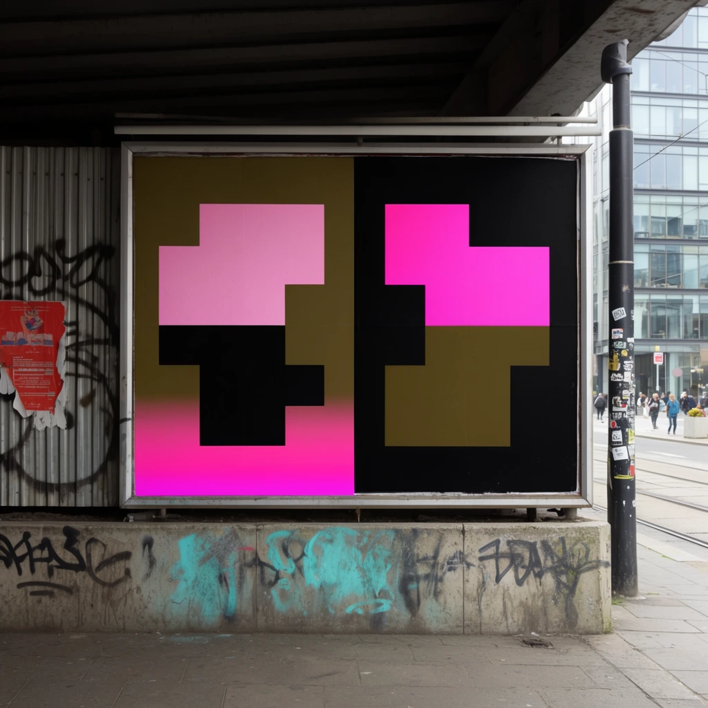 A large metal-framed billboard rests on a low concrete wall within a shaded urban underpass, displaying a bold, vertically split graphic composition. The left panel features an olive-brown background overlaid with chunky pink and black geometric shapes, underscored by a bright neon pink gradient. The right panel contrasts with a solid black background bearing bright pink and olive-brown blocky forms. To the left, a corrugated metal fence displays sprawling dark spray paint and a torn red poster. The concrete base is heavily marked with faded cyan and black spray paint. On the right, the environment opens to a modern city street under flat natural daylight, showing a sticker-covered black metal pole, distant pedestrians, tram tracks, and a multi-story glass building.