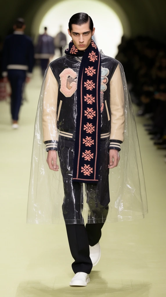 A fashion model walks down a pale greenish-yellow runway wearing a transparent clear plastic cape draped completely over a dark varsity jacket with contrasting beige sleeves and a large textured applique patch on the chest. He features slicked-down dark hair and an intense expression. A long dark knit scarf with repeating peach geometric motifs hangs straight down his torso, paired with dark tailored trousers and pristine white shoes. The shallow depth of field isolates the subject against a softly blurred background showing other models emerging from a brightly lit arched tunnel, with dark silhouettes of a seated audience lining the right edge. The crisp telephoto fashion photography highlights the striking interplay of traditional woven fabrics beneath the glossy, futuristic vinyl shell.
